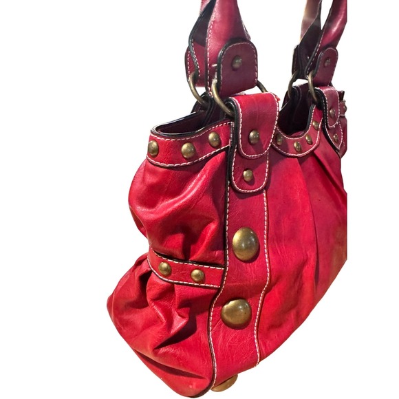 Red Faux Leather Shoulder Bag Hobo Style Studded Accent Large Vegan Bold - Picture 5 of 8
